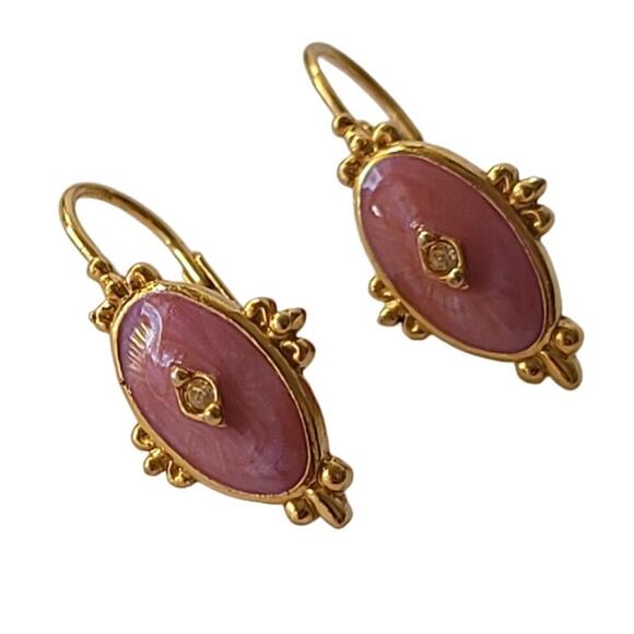 Vintage Gold and Pink Enamel Earrings - Picture 2 of 8